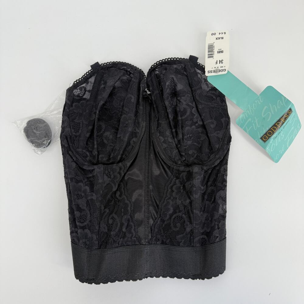 Vtg‎ Goddess Womens Longline Lace Bustier Corset Black 34F Bridal Vintage Straps